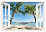 ARTland Wandbild selbstklebend Vinylfolie 70x50 cm Fensterblick Fenster Strand Karibik Meer Palmen Hängematte Südsee T4TQ