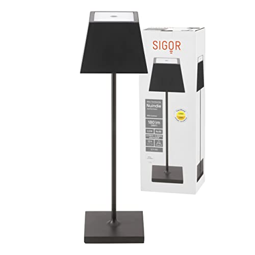 SIGOR Nuindie eckig - Dimmbare LED Akku-Tischlampe Indoor & Outdoor, aufladbar mit Easy-Connect, 24h Leuchtdauer, schwarz