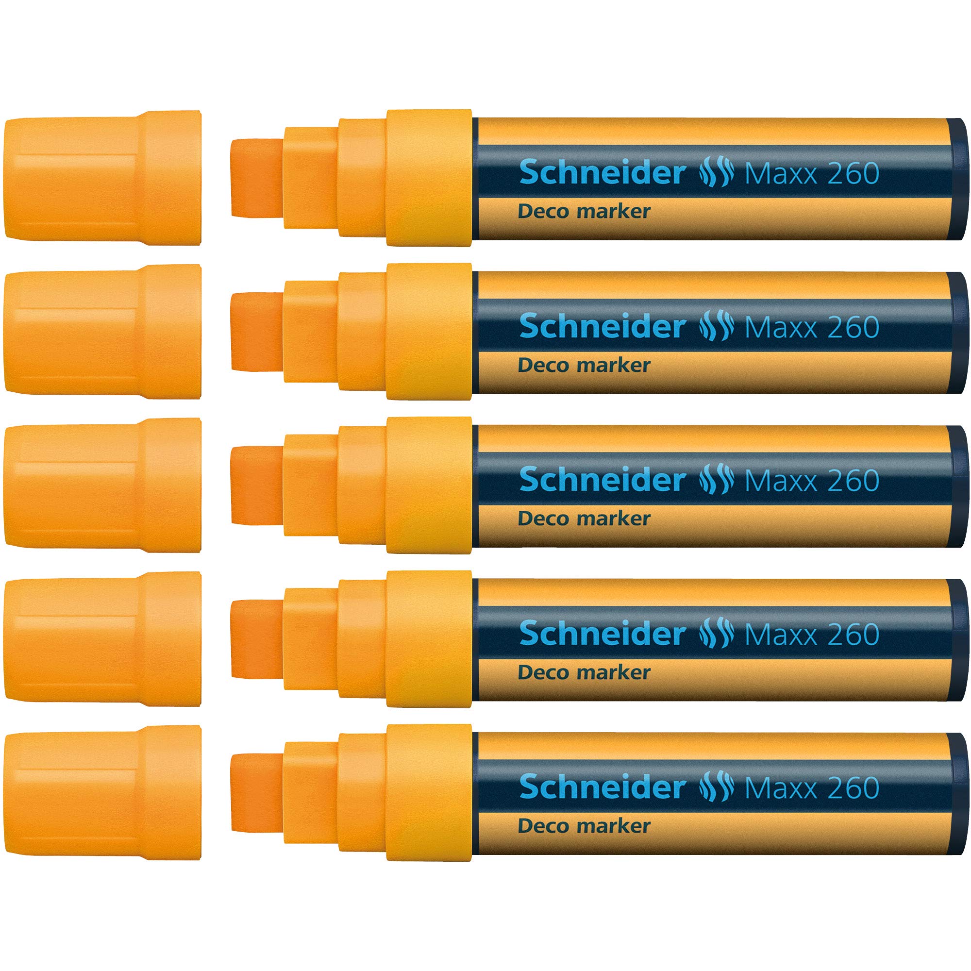 Schneider Maxx 260 Kreidestift (5 + 15 mm Strichstärke, feucht abwischbar, wasserbasiert, geruchsneutral) 5er Pack orange