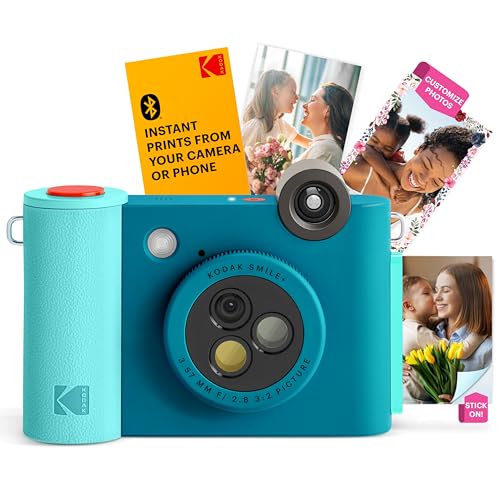 KODAK Smile+ kabellose Digitale Sofortbildkamera mit effektveränderndem Objektiv, 2x3-Zoll Zink-Fotodrucken mit Selbstklebender Rückseite, kompatibel mit iOS- und Android-Geräten – Blau