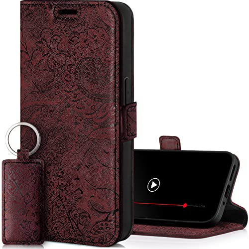 SURAZO Premium Slim Magnet Handyhülle für Samsung Galaxy S24 Hülle Leder – Klappbare Echtleder Schutzhülle [mit Kartenfach, RFID Schutz, Blumenmuster] Klapphülle Wallet Case Cover Lederhülle (Burgund)