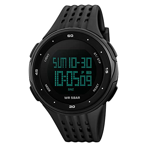 FeiWen Unisex Fashion Digitale Uhren 50M Wasserdicht Outdoor Sport Multifunktional Armbanduhren Einfach Plastik Wählscheiben mit Kautschuk Band Damenuhr, Schwarz