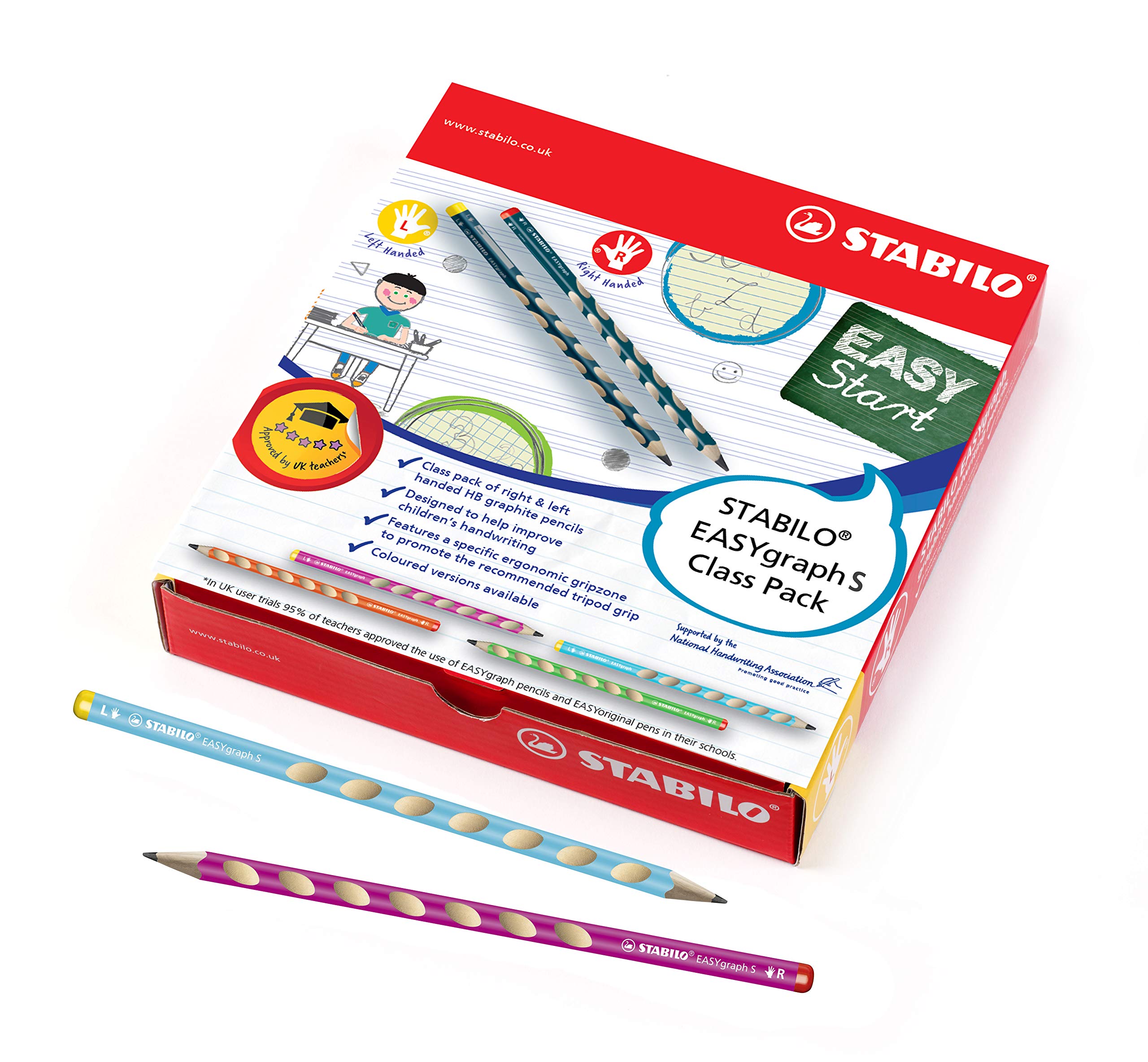 Schmaler Dreikant-Bleistift - STABILO EASYgraph S in 5 Farben - 48er Pack - Härtegrad HB - 8x für Linkshänder + 40x für Rechtshänder