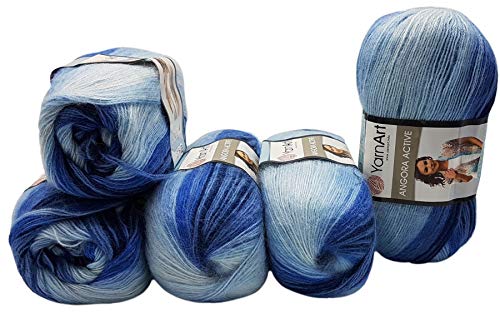 5 x 100 g YarnArt Angora Active Strickwolle mehrfarbig mit Farbverlauf, 500 Gramm Strickgarn mit 25% Mohair Wolle-Anteil (dunkelblau blau 842)