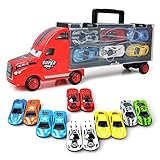 Truck Set LKW Transportfahrzeug Autotransporter Tragegriff mit 12 Rennautos Spielzeug Perfektes Geschenk für Jungen (Rot)