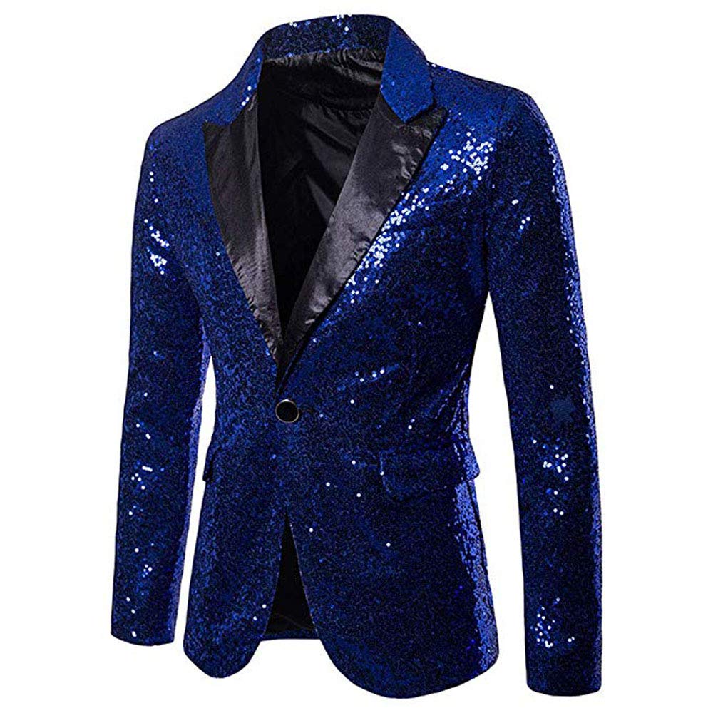 CHRONSTYLE Herren Slim Fit Sakko Blazer Anzugjacke Freizeit EIN-Knopf Pailletten Glitter Anzug Jacke Karneval Kostüm für Hochzeit Party Festlich (blau, XL)