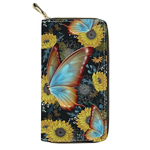 Lsjuee Lange Brieftasche aus Leder mit Schmetterlings-Sonnenblumendruck für Frauen, Reisen, Einkaufen, Arbeitsreise, Kausale, tragbare Handtasche, schmale Brieftasche