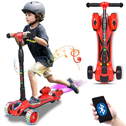 Roller Kinder 3 Jahre Kinderscooter höhenverstellbar Dreiradscooter eingebaute Bluetooth Musik Raketendampfsprüher leuchtrollen klappbar MAX 132LBS für Kinder 3 bis 10 Jahre (Rot)