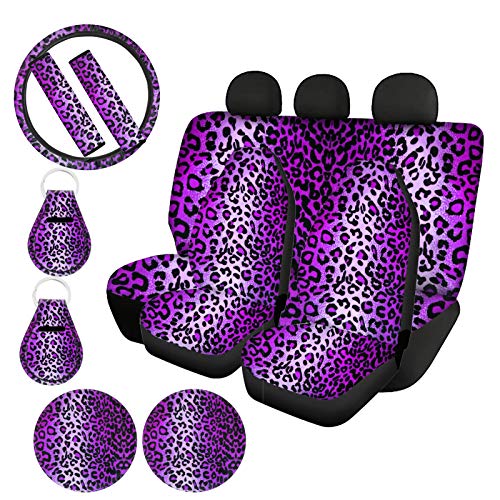HUIACONG Cheeth Autositzbezüge für Damen, violett, Leopardenmuster, Autozubehör, SUV, Limousine, Vordersitzschoner + Lenkradbezug, Sicherheitsgurtpolster, Schlüsselanhänger, Tassenuntersetzer