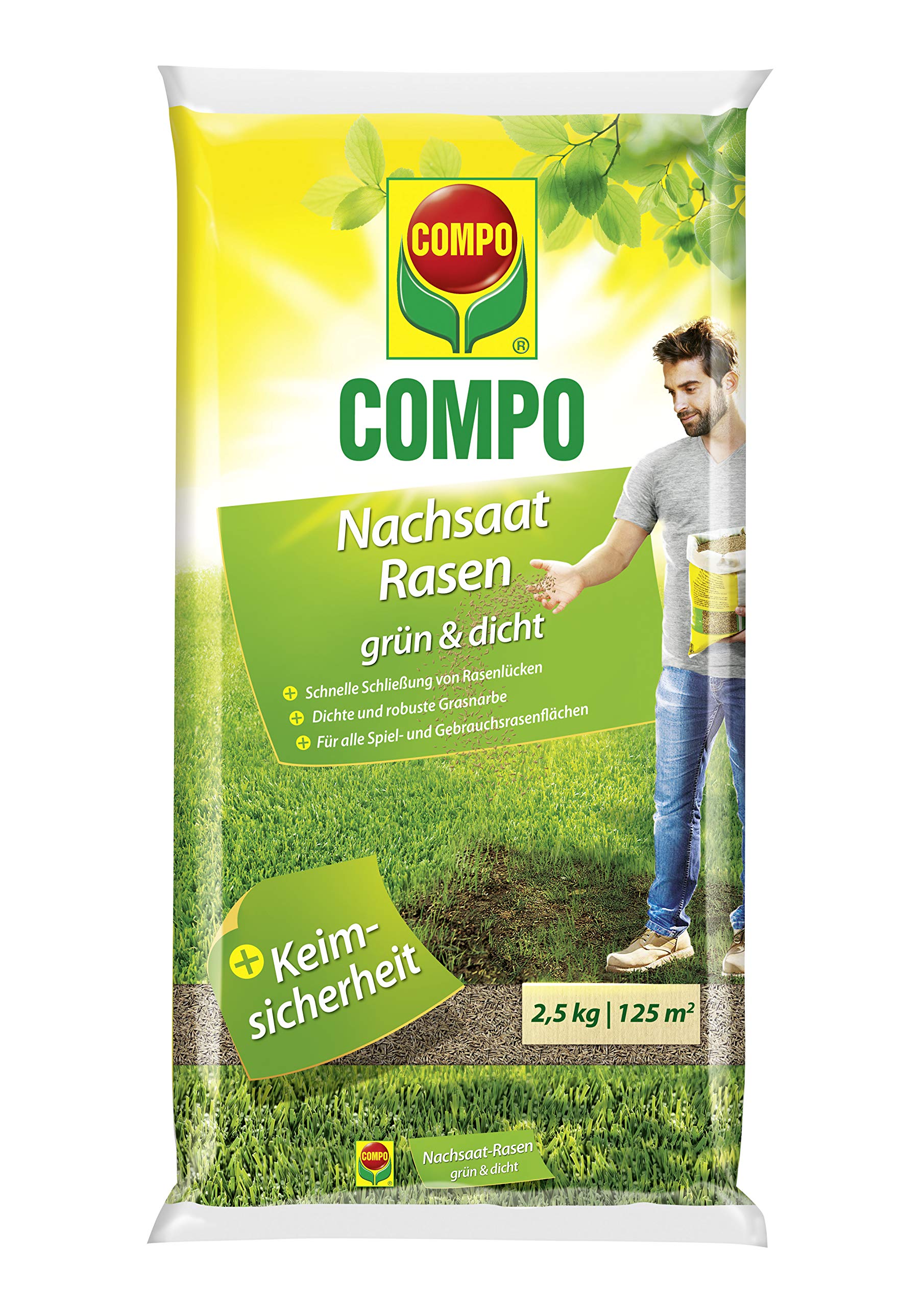 Compo Nachsaat-Rasen grün und dicht, Rasenmischung mit schnell keimenden Rasensorten, 2,5 kg, 125m²
