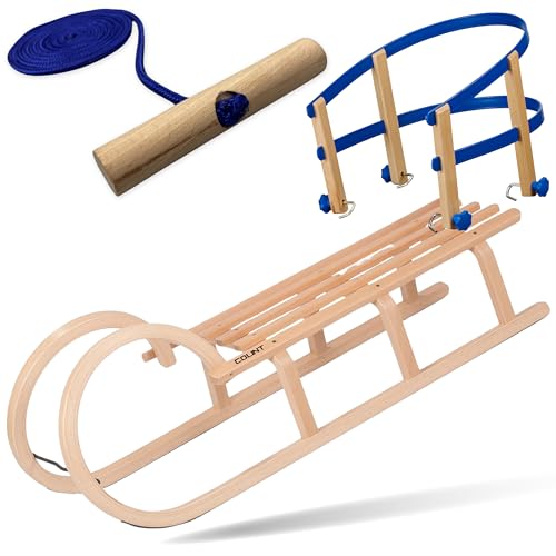 Explorer Colint Schlitten für Kinder Set Holz Hörnerschlitten mit Leine und Kunststoff/Holz Rückenlehne in Blau 110cm