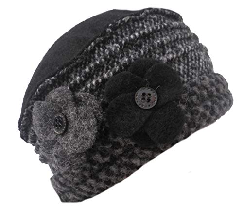 Damen Mütze warme Wollmütze Grau/Schwarz Stoffmix DamenmützenStrickmützen Winter (58)