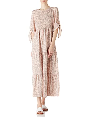 Amazon Brand find. Damen-Sommerkleid mit eleganten halben Ärmeln zum selbstbinden, Blumenmuster, Maxikleider, Rosa, Größe S