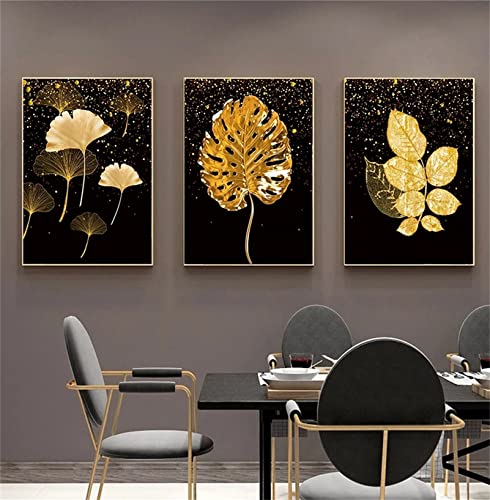 CULASIGN Premium 3er Bilder Set Moderne Schwarze Goldene Blattbaum Poster ohne Bilderrahmen - Wandkunst Wandbilder Deko für Wohnzimmer und Schlafzimmer (50x70cm)