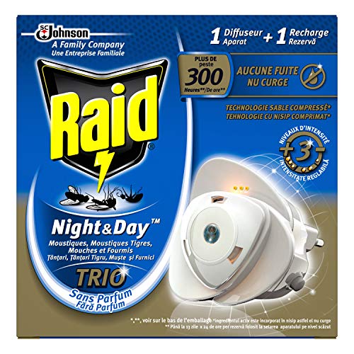 Raid Elektro-Diffuser Sand Compressed, moskito, Mosquito Tigers, fliegen und ameisen 1 Refill, Night & Day Trio, Insecticide 4 er pack