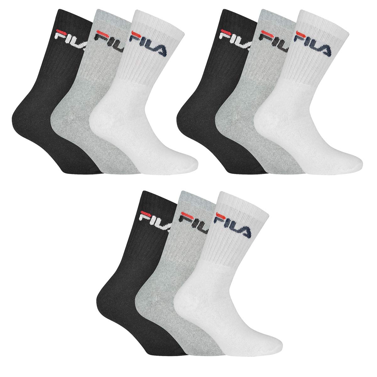 FILA 9 Paar Socken, Frottee Tennissocken mit Logobund, Unisex (3x 3er Pack) (Classic Mix (Schwarz; Weiß; Grau), 35-38 (3-5 UK))
