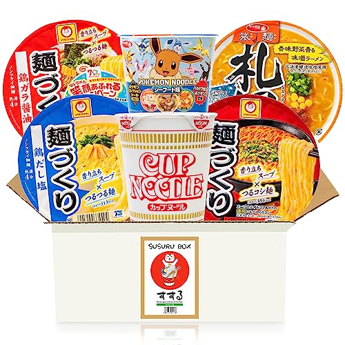 Susuru Box mit japanischen Cup Noodle Ramen - 6 verschiedene Instant-Nudeln und Nudelsuppen aus Japan im Becher, zufällige Mischung aus vielseitigen Geschmacksrichtungen und Sorten - Asia Food Box