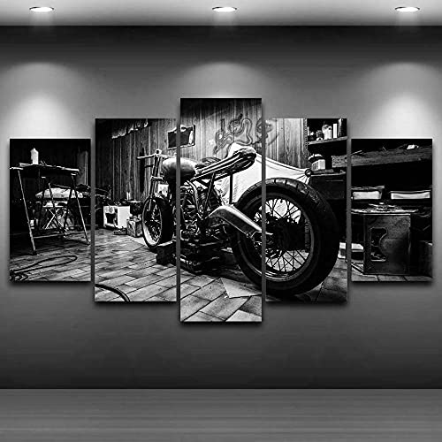 ZHRMGHG Bilder Leinwand Schwarzes Und Weißes Retro-Antikes Motorrad 5 Panel Wand Art Druck Auf Leinwand Ideale Heim Büro Dekoration Vielen Größen Fertig Gerahmt Mit Holzrahmen