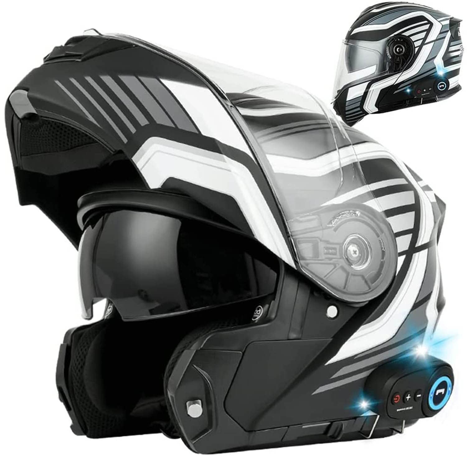 Motorrad Integrierter Bluetooth-Helm Mit Anti-Fog-Doppelscheib ECE/DOT Genehmigt Motorrad Full Face Klapphelm Motorradhelm Mit Eingebautem Mikrofon Für Automatische Reaktion F,XL