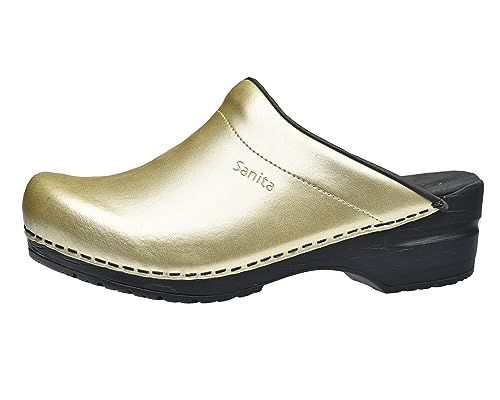 Sanita | Sonja PU offener Clog | Original handgemacht | Flexible Leder-Clogs für Damen | Anatomisch geformtes Fußbett mit weichem Schaum | Gold | 40 EU