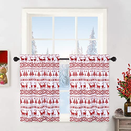 Weihnachten Küche Fenstervorhänge, Weihnachtsbaum und Hirsch Muster Badezimmer Fenstervorhang Boho Stil Halbfenster Küche Cafe Vorhänge, 66 cm B x 61 cm L, Rot, 2er-Set
