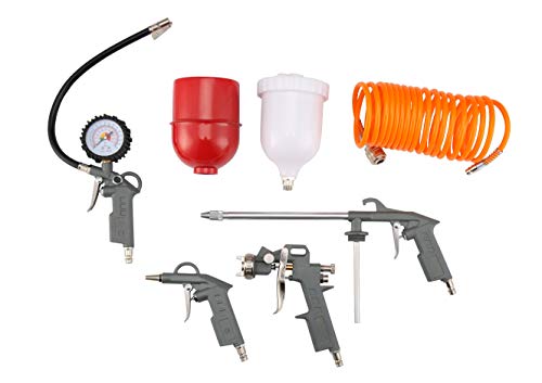 Orazio Druckluft Zubehör Set für Kompressor 5 Stück - Farbspritzpistole mit Fließbecher + Reifenfüller mit Manometer + Paraffin-Sprühpistole + Blaspistole + 5M Spiralschlauch