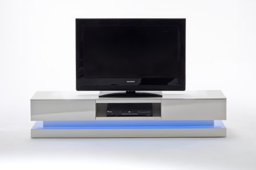 Robas Lund Lowboard Weiß Hochglanz lackiert, TV Möbel mit LED Wechselbeleuchtung inklusive Fernbedienung