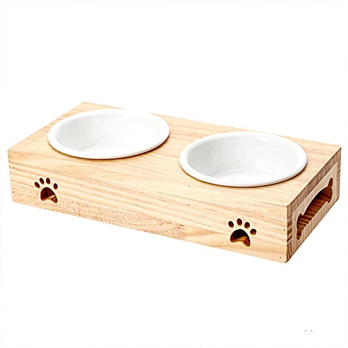 RUG Futternapf für Hunde und Katzen, aus Bambus, aus Keramik, Doppelnapf, kann frei getrennt und platziert werden, für Hunde/Katzen/andere Kleintiere, 2021/8/24 (Größe: 31 x 15,4 x 5,8 cm)