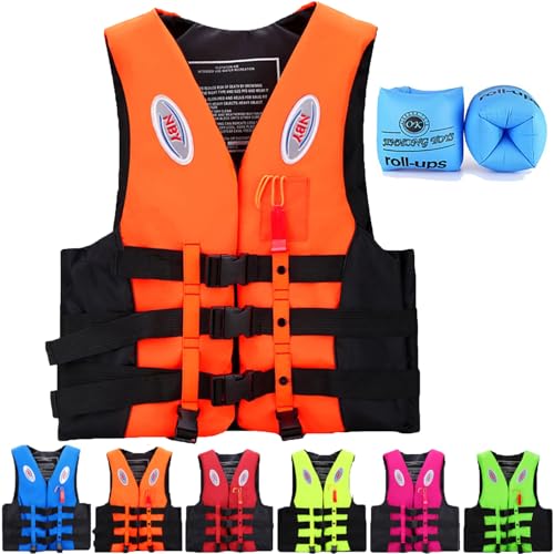 Schwimmweste Erwachsene, Leichte Schwimmhilfe mit wasserdichter Tasche Auftriebsweste Kinder Schwimmen Jacke mit Einstellbare Sicherheits Straps, 3XL 100-110kg,Orange