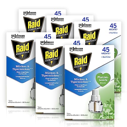 Raid Essentials Mücken-Stecker 45 Nächte Nachfüller, Elektrischer Insekten-Schutz vor Mücken & Tigermücken, 6er Pack (6 x 32 ml)