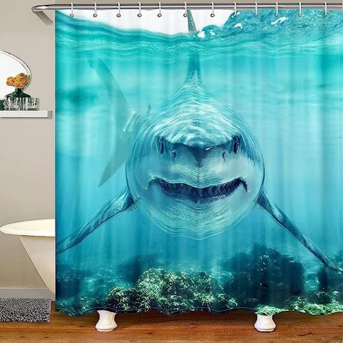 HATEGE Duschvorhang Anti-Schimmel Hai 3D Duschvorhänge 180x180 Ozean Duschvorhang Textil Waschbar Wsserdicht für Badezimmer Badewanne Badevorhang Bad