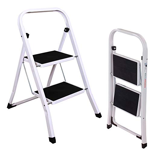 Trittleiter - 2 Stufen klappbar Leiter, Klapptritt mit Sicherung, besonders leicht, einfach zu verstauen, bis 150 kg belastbar