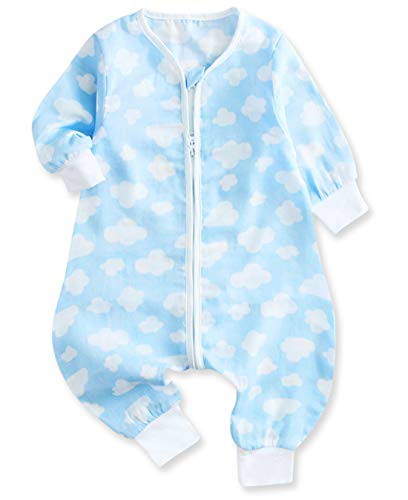 Chilsuessy Ganzjahres Schlafsack mit Füße Babyschlafsack 2 Tog Langarm für Säugling Kinder Junge Mädchen Schlafanzug Pyjama Overall Strampler, Blau wolken, 80/Baby Hoehe 65-75cm