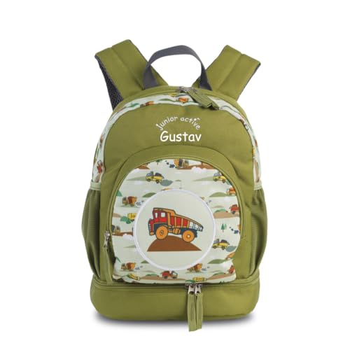 minimutz Kinderrucksack Jungen Mädchen - Personalisiert mit Namen - Freizeitrucksack Wanderrucksack Kinder - Bagger in grün - mit Bodenfach Schuhfach