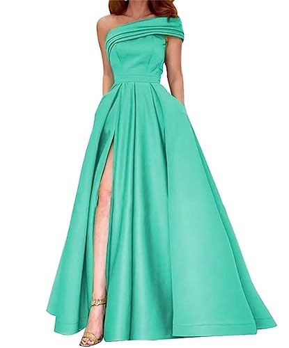 Eine Schulter Satin Prom Kleid mit Schlitz Lange Abendkleider für Frauen Formale mit Taschen A Linie Hochzeit Party Kleid, türkis, 38