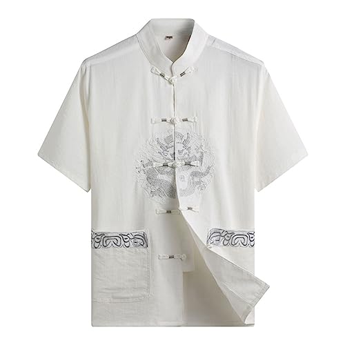 G-LIKE Herren Kurzarm Hemd Freizeithemd – Chinesische Kleidung Sommer Shirt Kampfkunst Kung Fu Tai Chi Bestickte Kurzärmelige Tops für Männer (as3, Alpha, x_l, xx_l, Regular, Regular, Weiß)