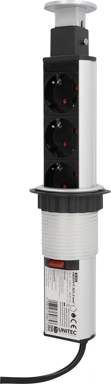 Unitec Einbausteckdosenleiste 3-fach 2m mit 2 x USB Tower, silber