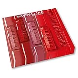 Maybelline New York - Exklusives Set mit 4 flüssigen Lippenstiften, langanhaltend, Superstay Vinyl Ink - Farben: Red Hot (25)/Koy (20)/Peachy (15)/Wicked (50)