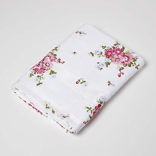 Homescapes 100% Baumwolle Frottee Handtuch Duschtuch weiß mit Vintage Blumen Print und gestickter Bordüre