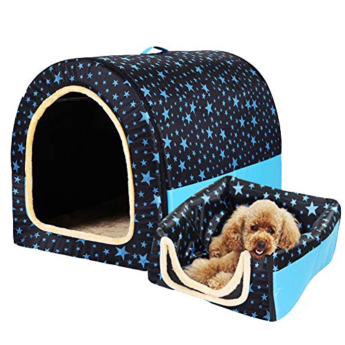 HONGBI Tragbar Faltbare Hundebett Katzenbett Hundehöhle Hundehütte, 2 in 1 Haustier Haus und Sofa für Katze, Kätzchen, Hündchen nd Kaninchen mit Abnehmbar Matte Schwarz mit blauem Stern L