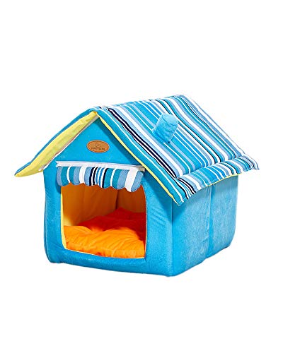 HONGBI Faltbare Katzenhaus,Schön Hundehütte Winter Hundehöhle Hundebett Tierbett Katzenbett Weich und Warm Katzenhöhle Haustier Haus mit Abnehmbarem Matratze Blau M