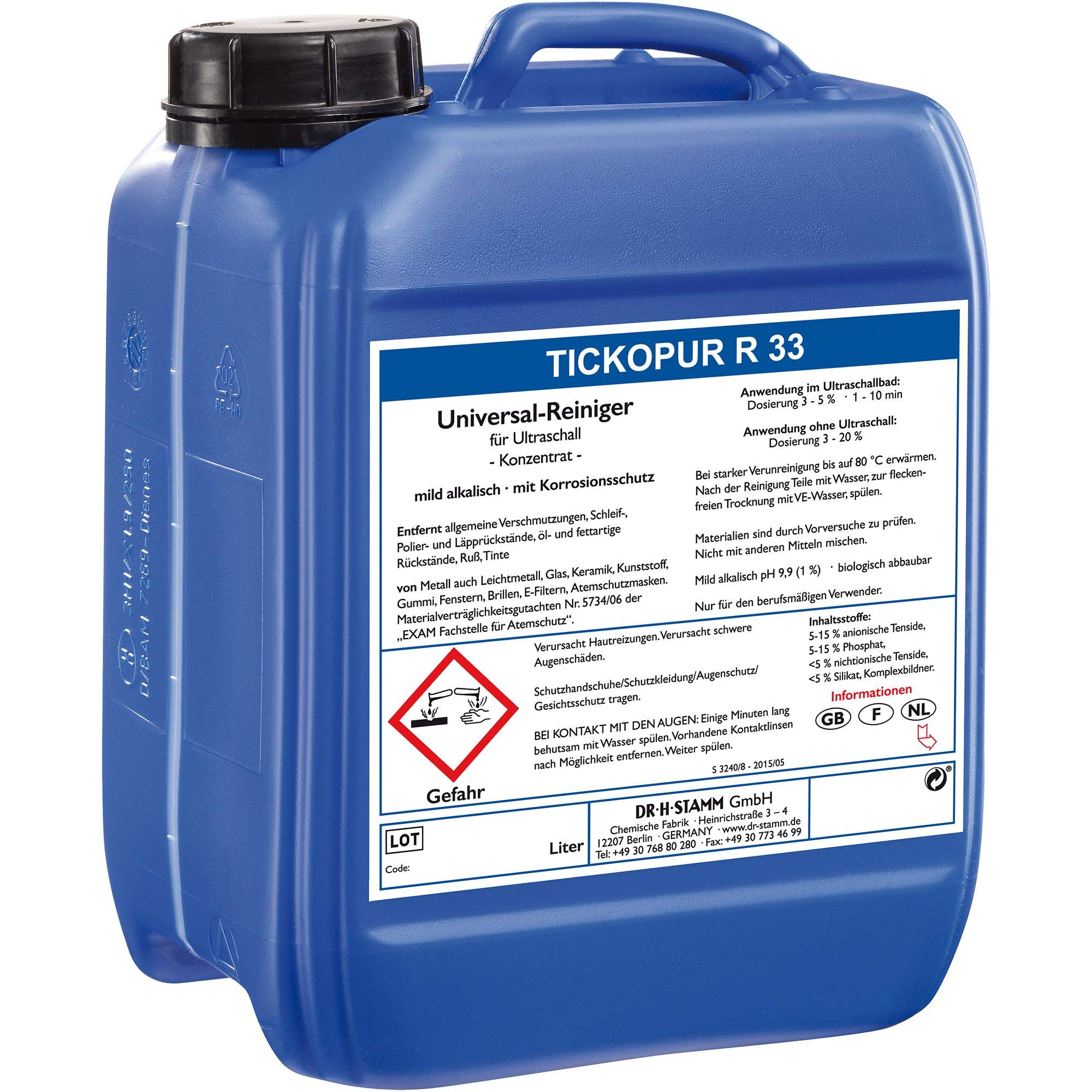 Tickopur R 33 (5 liter), Ultraschallflüssigkeit für Vergaser und vieles mehr! | Reinigungskonzentrat mit Dosierung von 5 Prozent, Ultraschall Reinigungsmittel für Aluminium
