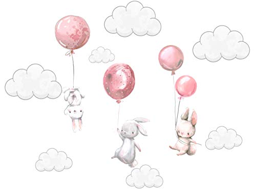 Szeridan Kaninchen Hase Ballons Wolken Wandtattoo Babyzimmer Wandsticker Wandaufkleber Aufkleber Deko für Kinderzimmer Baby Kinder Kinderzimmer Mädchen Junge Dekoration (100 x 150 cm, Rosa)