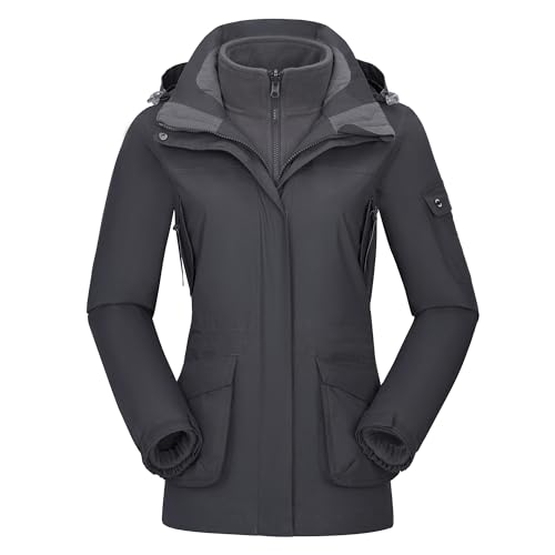 Ambayz Damen Ski 3-in-1-Jacke 2 Stück Set Outdoor Wanderjacke Wasserdicht Winterjacke Winddicht Fleece Innen, Grau, Gr. S