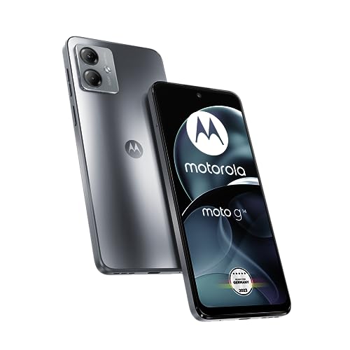 Motorola Moto g14 Smartphone (6,5"-FHD+-Display, 50-MP-Frontkamera, 4/128 GB, 5000 mAh, Android 13) Steel Grey, inkl. Schutzcover + KFZ-Adapter [Exklusiv bei Amazon]