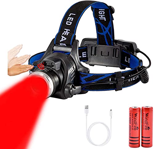 WINDFIRE Jagd-Rotlicht-wiederaufladbare Stirnlampe, rote LED-Stirnlampe mit 3 Modi und Zoombarer wasserdichter taktischer Scheinwerfer für Nachtbeobachtung, Luftfahrt, Lesen, Schweine-Schädlingsjagd