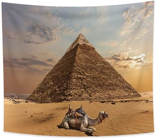 Wandbehang 200 x 200 cm, ägyptischer Wandteppich, Wandbehang, Khufu-Pyramide, Kamel, Wüste, Sonnenuntergang, exotische Naturlandschaft, Wandteppich, der im Schlafsaal-Café-Hotel-Kunstwerk aufhängt