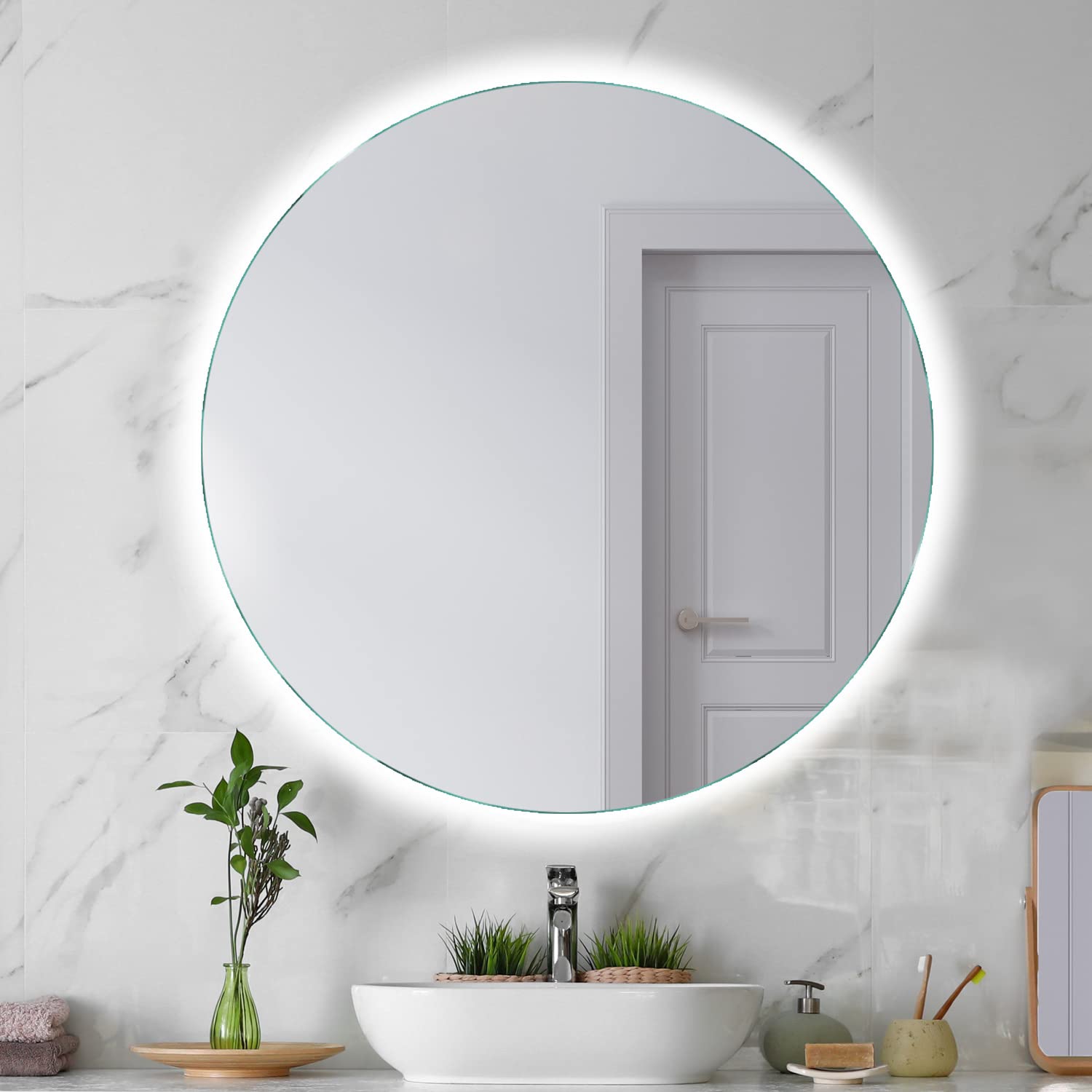 SARAR Runder Badezimmerspiegel mit indirekter rundum LED-Beleuchtung Bad 90cm Made in Germany Designo MAR113 Wandspiegel Badspiegel led