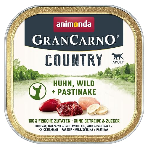 animonda Gran Carno Country Adult Hundefutter, Nassfutter für Erwachsene Hunde, Hundefutter nass ohne Getreide, zuckerfrei, Huhn, Wild + Pastinake, 22 x 150 g