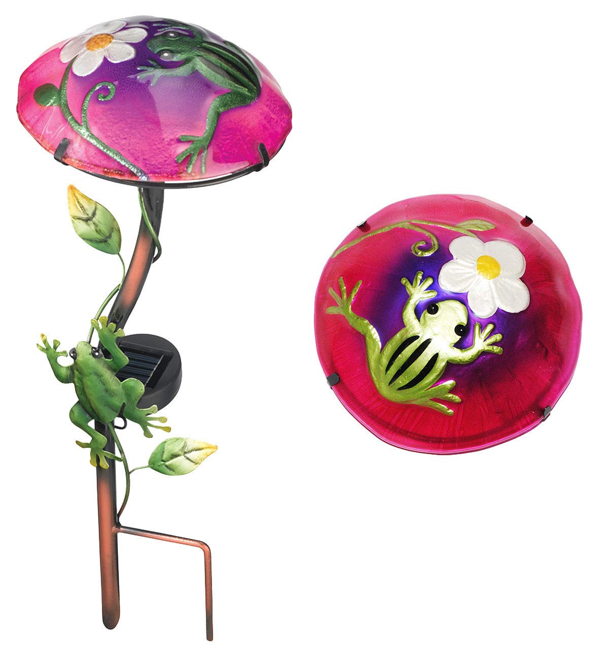 alles-meine.de GmbH Solar Leuchte Pilz Blume mit Frosch - pink/violett - mit LED Licht - handbemaltes Glas - Garten Wetterfest für Außen - Gartendeko Solarleuchte Solarbetr..